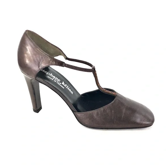 Stephane Kelian Bronze Leather Beaded T-Strap Heels - Picture 9 of 13